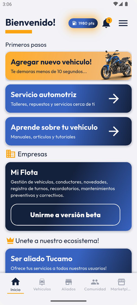 Inicio de la app con accesos para agregar un vehículo, buscar talleres y entrar a Mi Flota