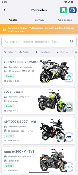 Biblioteca de manuales de motos en la app
