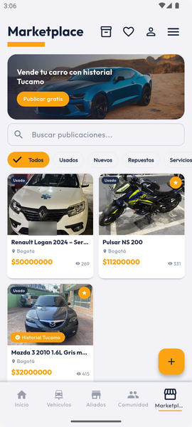 Marketplace dentro de la app con vehículos usados en venta y su sello de historial