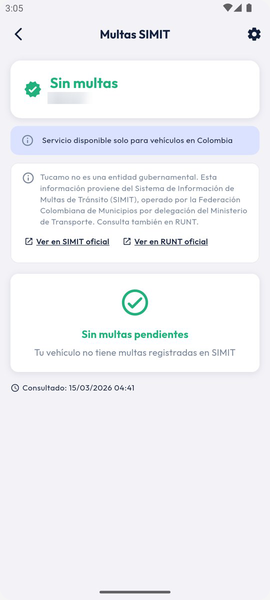 Consulta de multas SIMIT en la app con el resultado sin multas pendientes