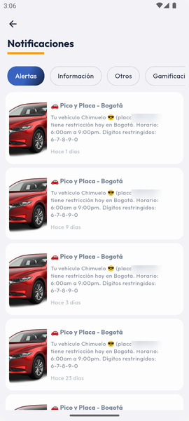 Notificaciones de la app con avisos de pico y placa del vehículo