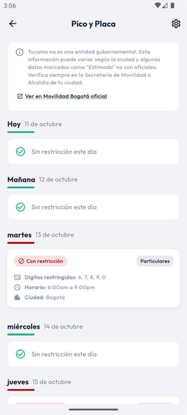 Pico y placa en la app con los días de restricción de la semana