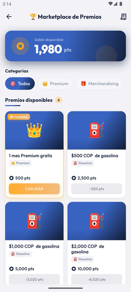 Marketplace de premios de la app con bonos de gasolina y meses de Premium