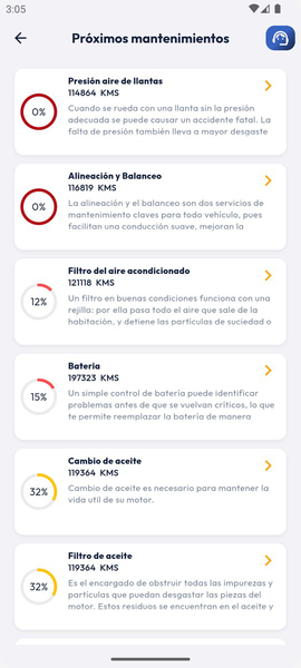 Próximos mantenimientos de la app con el porcentaje de vida útil de cada componente