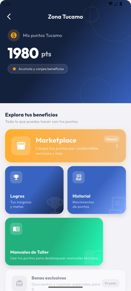 Zona Tucamo de la app con los puntos acumulados y los beneficios para canjear